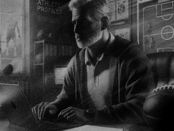 A recruiter reviewing athlete profiles at his desk