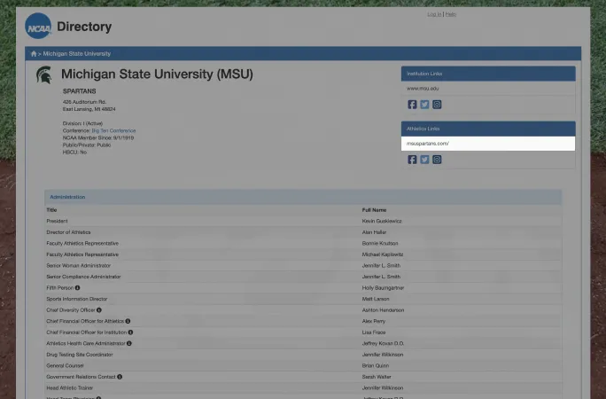 The Athletics Links box on a school's directory page